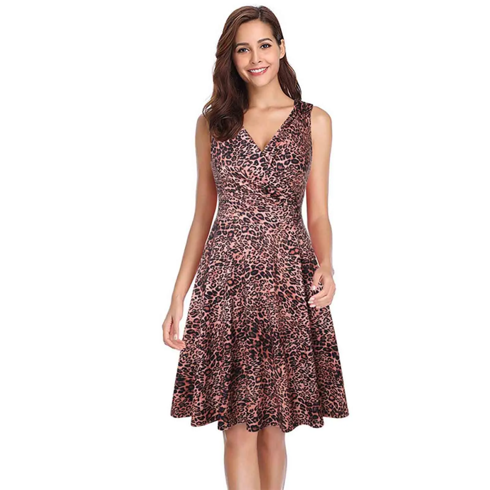 

Womail dress summer dress sexy dress Womens V-Neck Leopard Sleeveless Casual Knee-Length Vintage Retro Dress vintage dress 2021