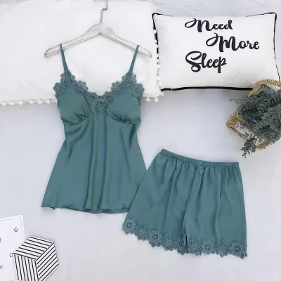 Women faux Silk Pajamas Sexy Sleepwear Sleeveless Pyjamas Silk Lace Short Soft Nightgrown For Women Summer New Arrival