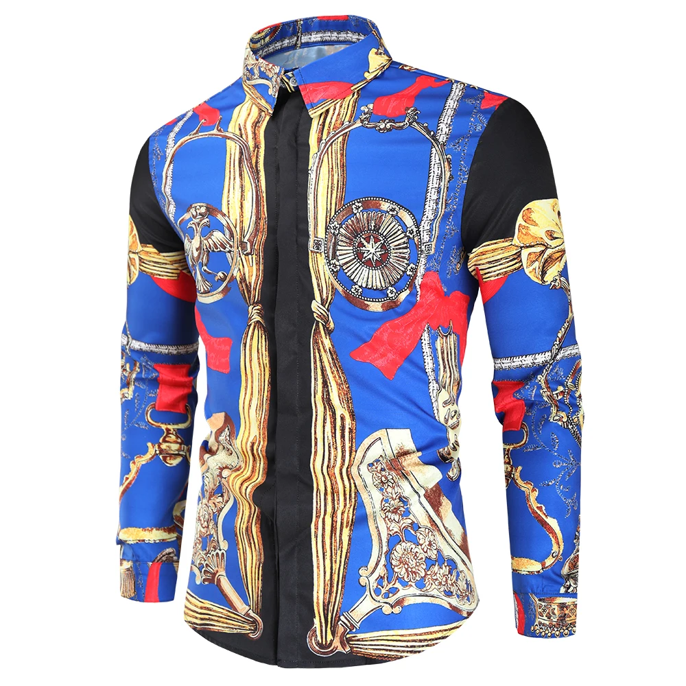 Casual Blouse Homme Baroque Banquet Shirt Paisley Black Gold Men Shirt Luxury Korean Mens Long Sleeve slim Print Shirts 4XL