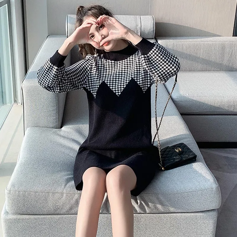 

One-Piece 2020 Korean Style Spring Autumn Dress French Fashion Loose O-Neck Dress Elegant Pullover Lazy Knitting Sweater Dresses