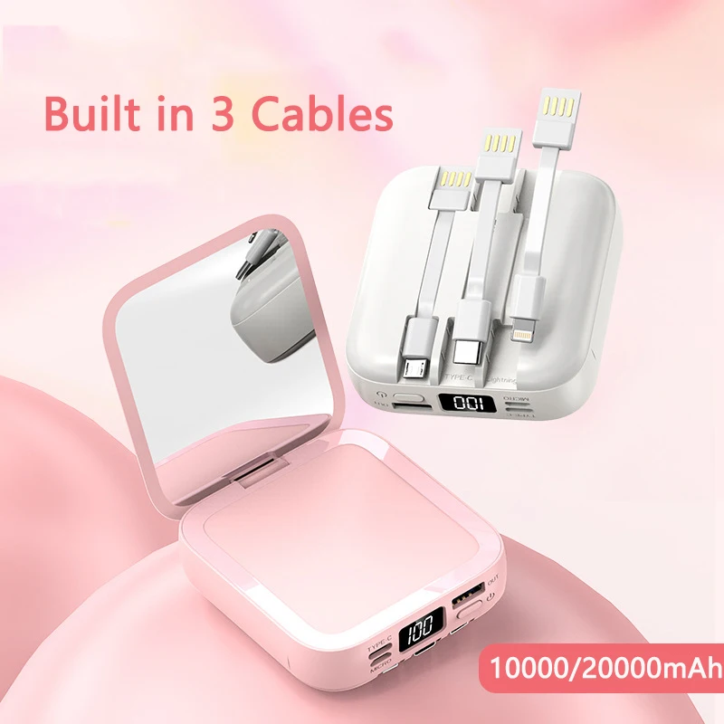 

Mini Power Bank 10000/20000mAh Makeup Mirror Powerbank Built in Cable External Battery For iPhone 13 12 Samsung Xiaomi Poverbank