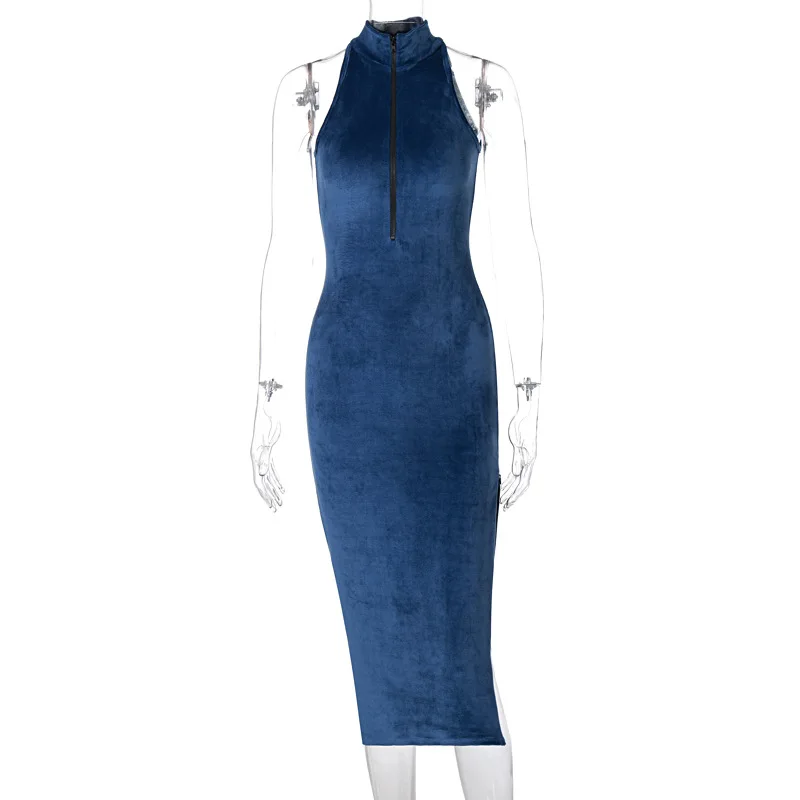 

Sexy Zipper Split Sleeveless Bodycon Midi Dresses for Women 2020 Elegant Party Night Club Dress Blue Black
