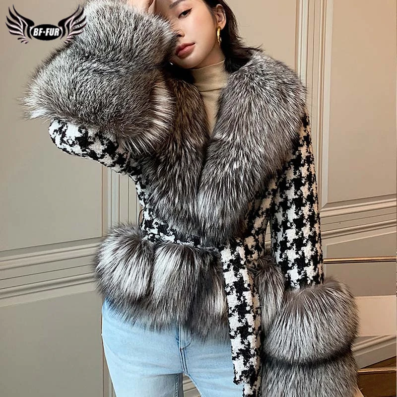 

Real Fur Coat Women Houndstooth Stitching Woolen Slim Big Fur Collar Natural Silver Fox Jacket Short 2021 Winter Lace up Luxury