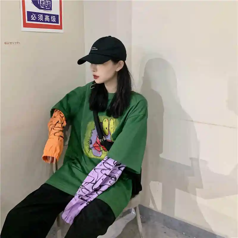 

Fake Two-piece T-shirt harajuku T Shirt Printing Casual O-neck Camo Tshirt women Loose Long-sleeved top women tee shirt