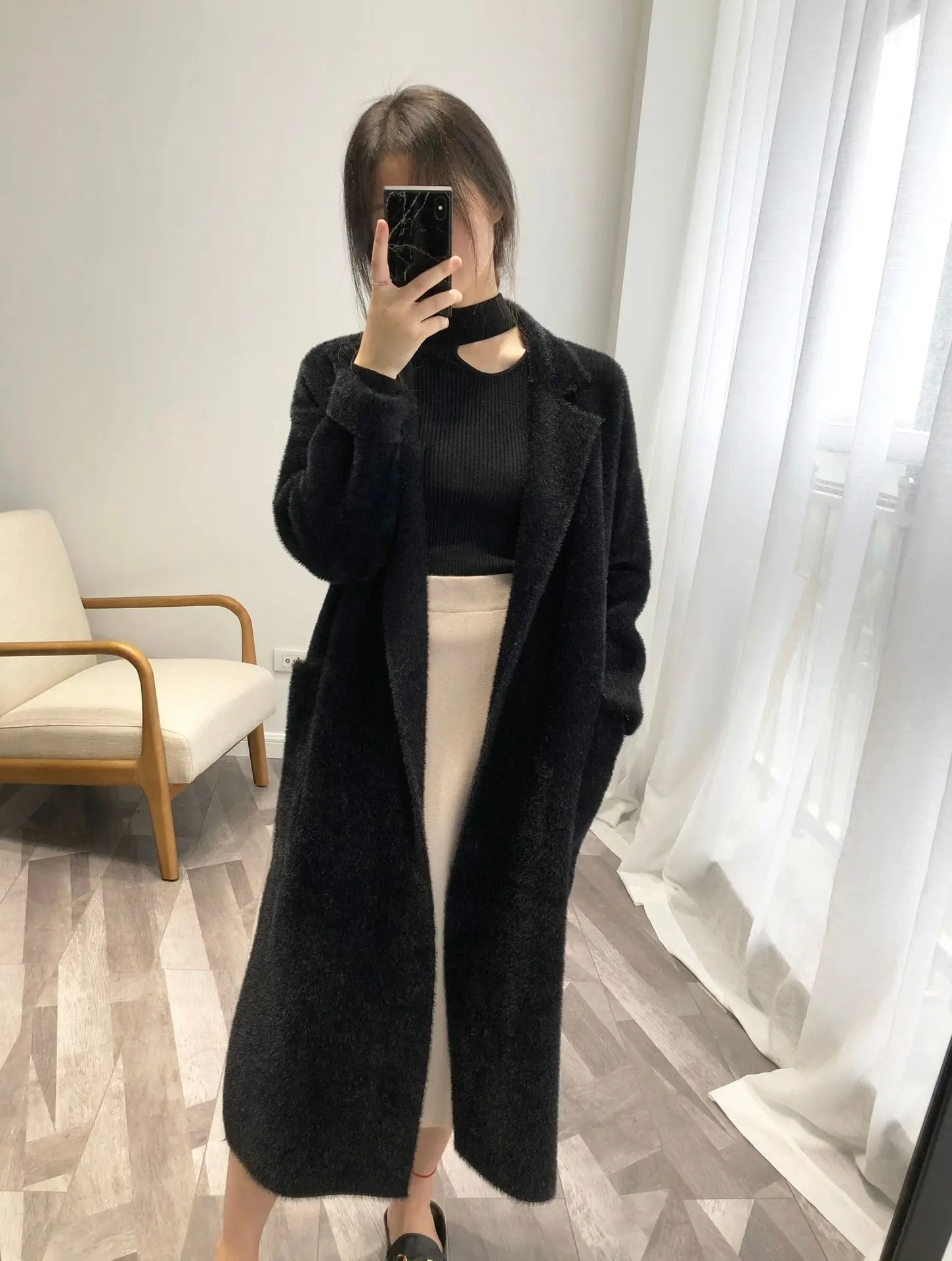 New Imitation Mink Velvet Long Sleeve Suit Collar Minimalist Style Coat Adjustable Waist