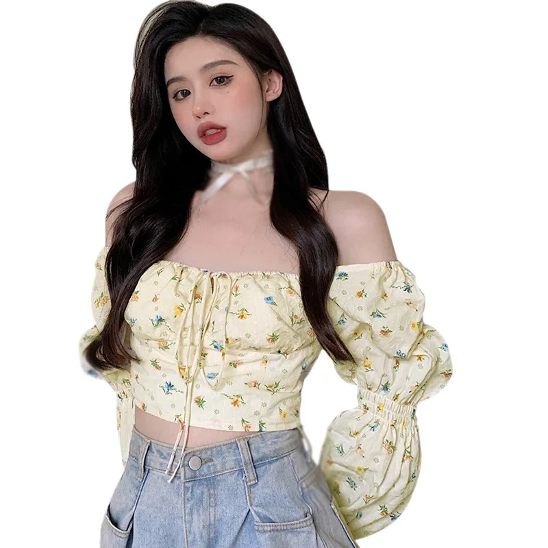

Autumn Fashion Women Elegant Floral Print Strapless Chiffon Shirt Off Shoulder Halter Sexy Blouse Shirt Backeless Tops