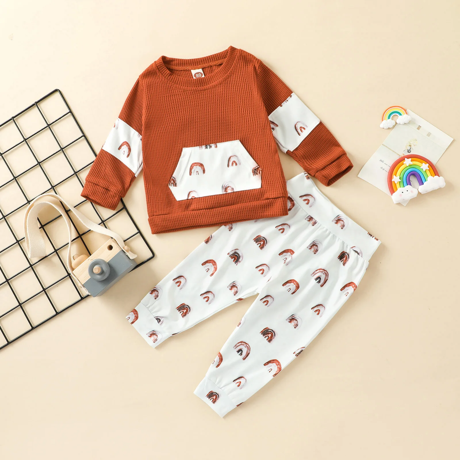 

Spring Autumn 2Pcs Kids Rainbow Print Set Round-Neck Long Sleeves Tops + Elastic Waist Pants Outfit for Little Boys