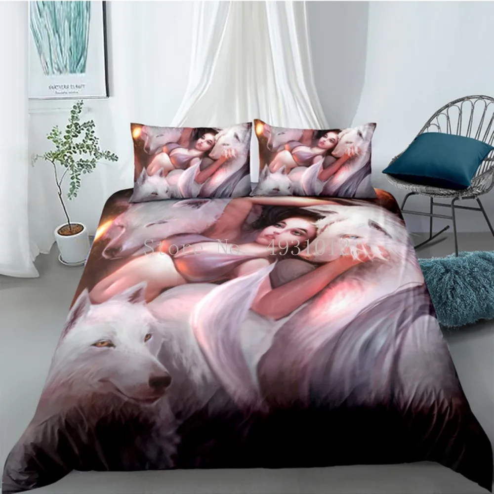 

White Foxes And Beauty Bedding Set Queen Sexy Fashionable Duvet Cover 3D King Twin Full Single Double Unique Design Bed Set