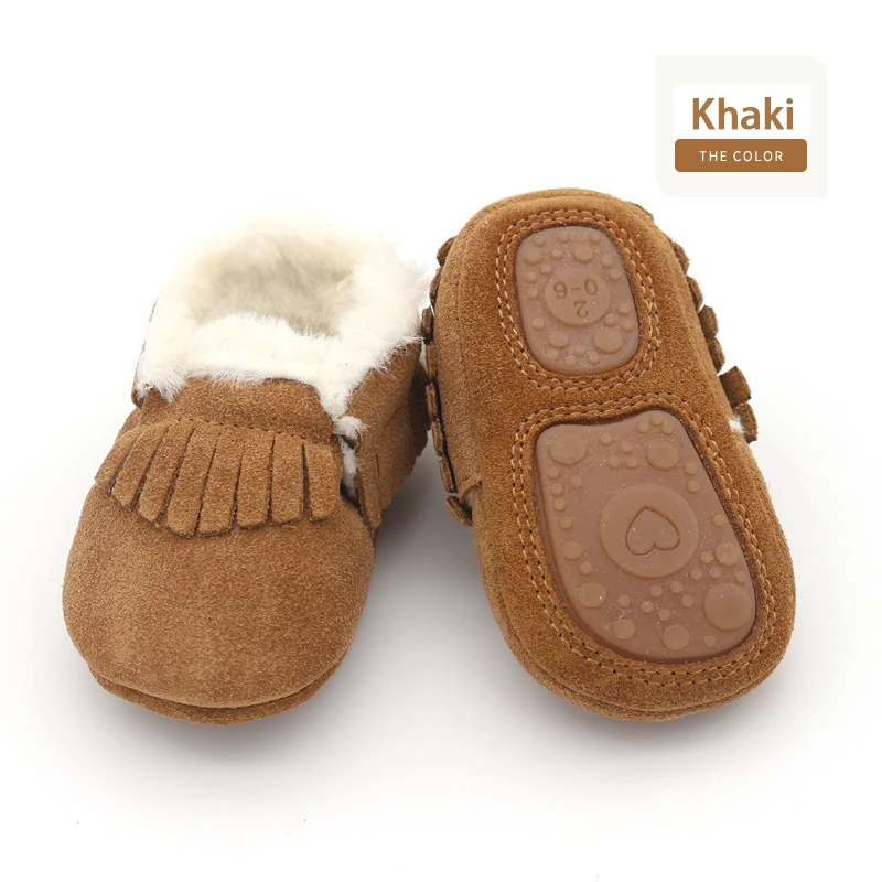 Fringe Khaki Новинка года; зимняя детская обувь для маленьких девочек и мальчиков; детские мокасины из натуральной кожи с резиновой нескользящей подошвой - Цвет: Fringe Khaki