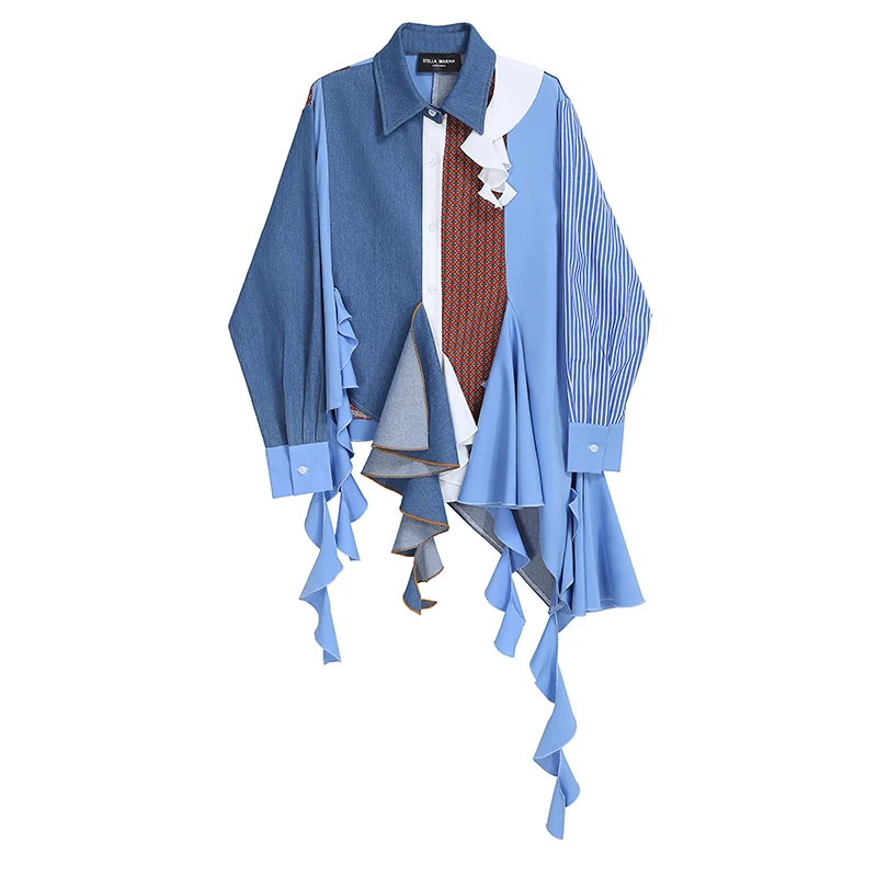 

Hong Kong Style Denim Stitching Shirt Women's Spring New Irregular Large Size Blouses Mid-Length Tops Blusas De Mujer Trendy