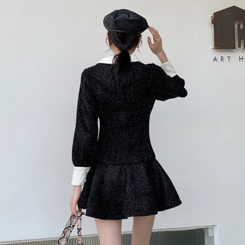 

GALCAUR Patchwork Bowknot Women's Dress V Neck Long Sleeve High Waist Slimming Hit Color For Female Elegant Dress Fashion Tide
