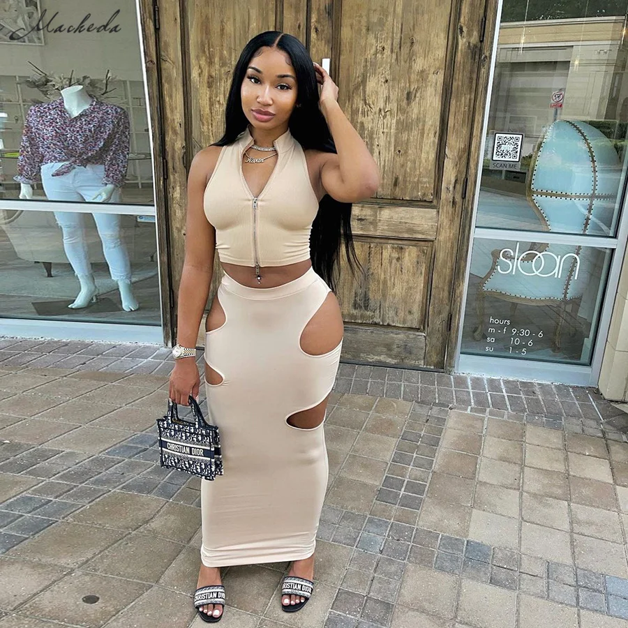 

Macheda Summer Solid Fashion Skirt Women Sexy Hollow Out High Waist Slim Streetwear Casual Lady Khaki Long Skirt 2021 New