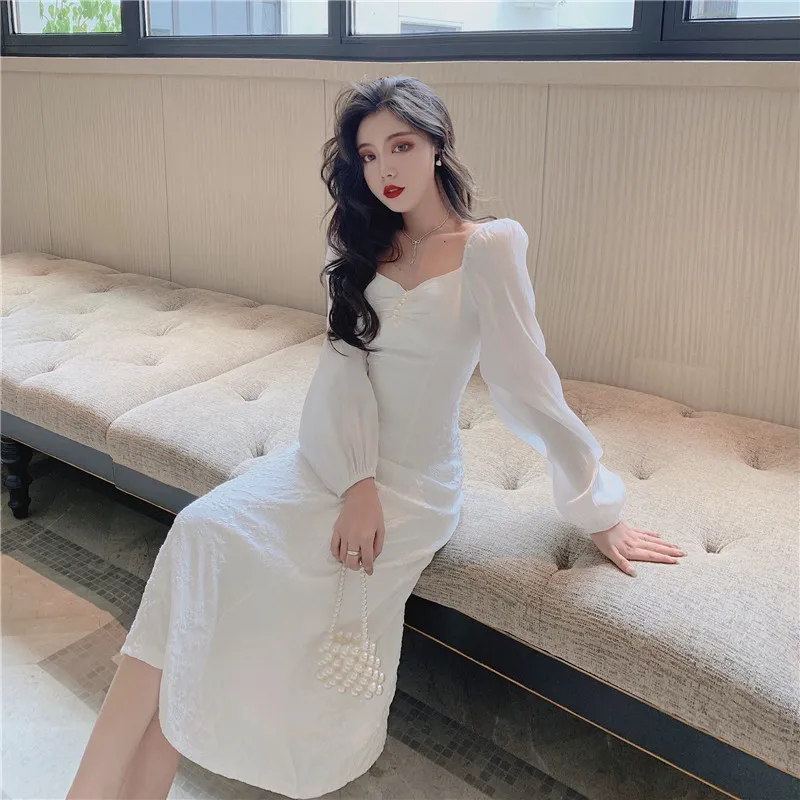 

White Dress Women 2021 Spring Plus Size Dresses Elegant A-Line Vestidos Jacquard Puff Sleeve Empire Square Collar Ladies Dress