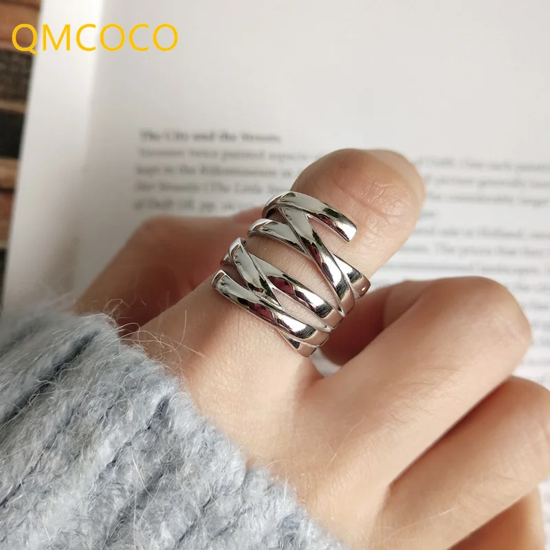 

QMCOCO Simple Style Silver Color Party Rings For Women Couples Vintage Creative Multi-layer Weaving Finger Jewelry Gifts