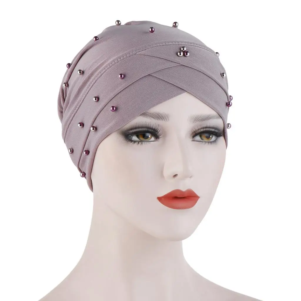 

India Turban Muslim Women Chemo Cap Cross Beads Headwrap Bonnet Cancer Hair Loss Headscarf Beanie Islamic Cover Hats Solid Color
