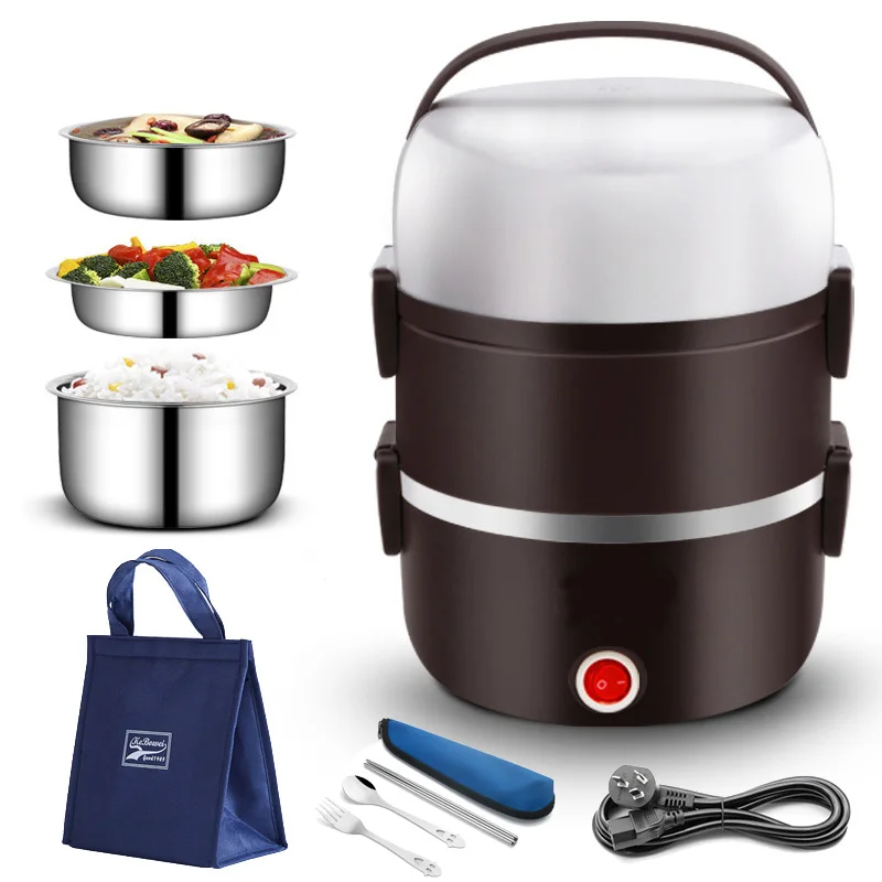 

220V Electric Heating Lunch Box Stainless Steel 2L Large Thermal Food Container Warmer Mini Rice Cooker Work Home Lunchbox Set