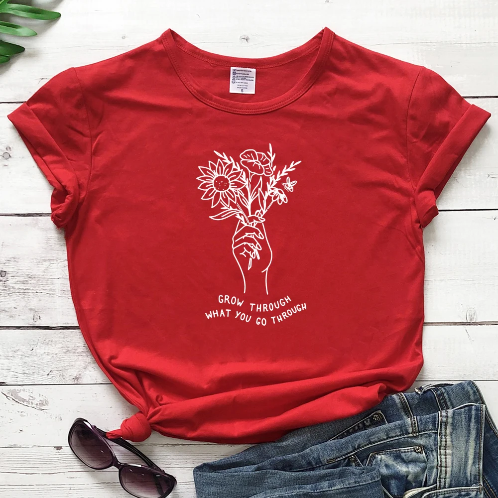 red-white text Летние расти через то, что вы проходите футболки Винтаж Цветочный принт футболка Топ Для женщин Crewbeck крафический Tumblr из хлопчатобумажной ткани, раздел-футболки - Цвет: red-white text