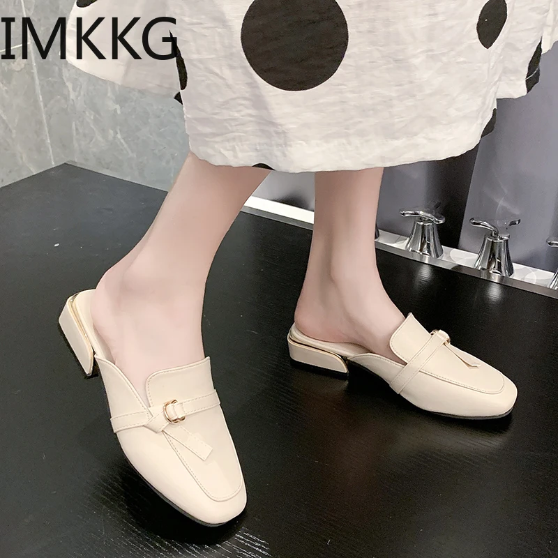 Woman Mules Shoes Outdoor Slippers Female Square Toe low heel Casual Comfortable slippers metal decoration slides | Обувь