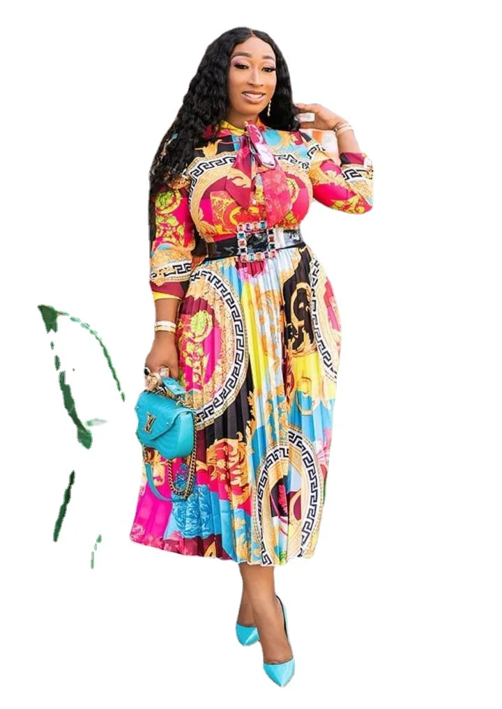 

Spring Summer 2020 New Dress African Printed Bow Collar Mid-length Dress Large Size Women's Wear