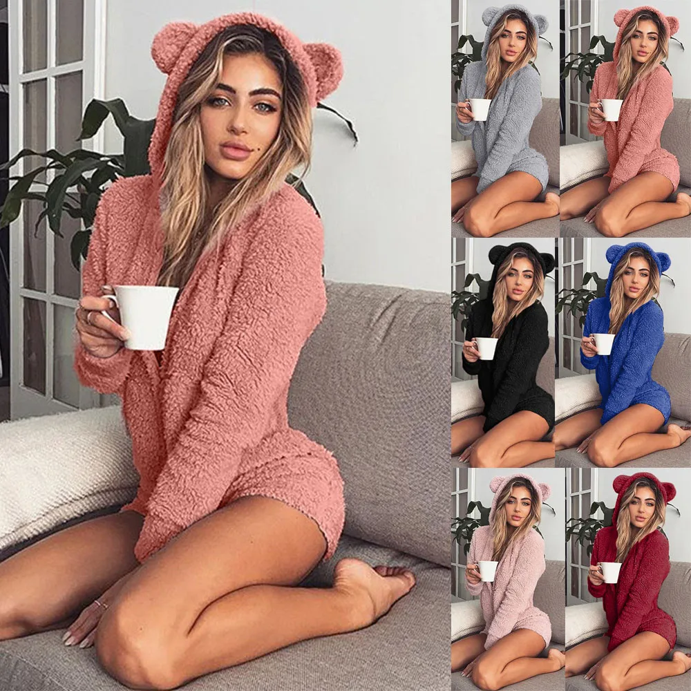 Осень Зима Женский костюм теплый коралловый флис бархатный комбинезон Kawaii милый медведь с капюшоном комбинезон Домашняя одежда A08