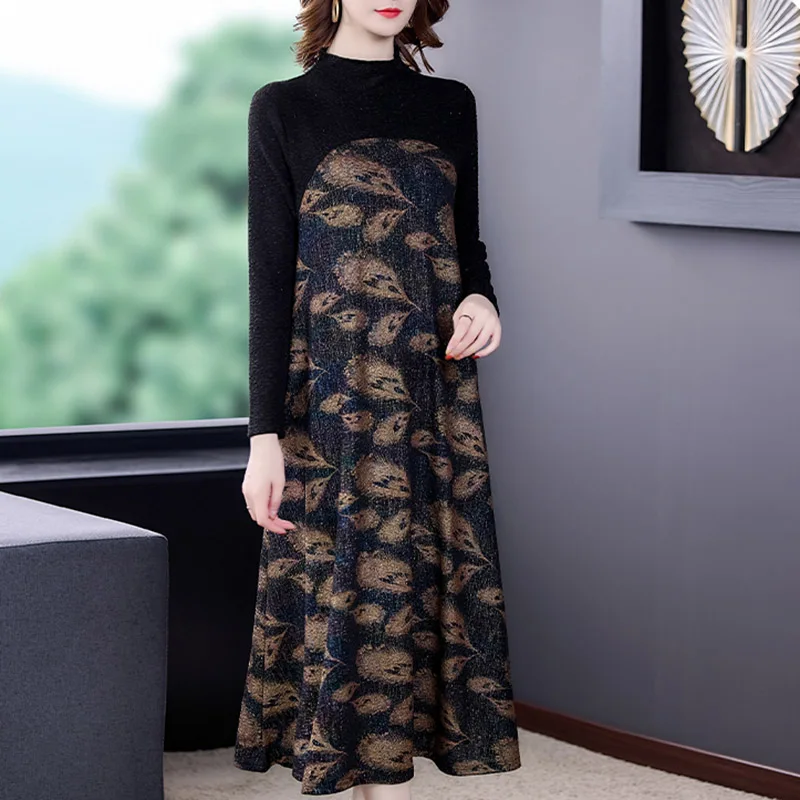 

New Winter Casual Plush Padded Warm Sequins Dresses Elegant Women Autumn Vintage Print 5XL Plus Size Midi One Piece Dress Women