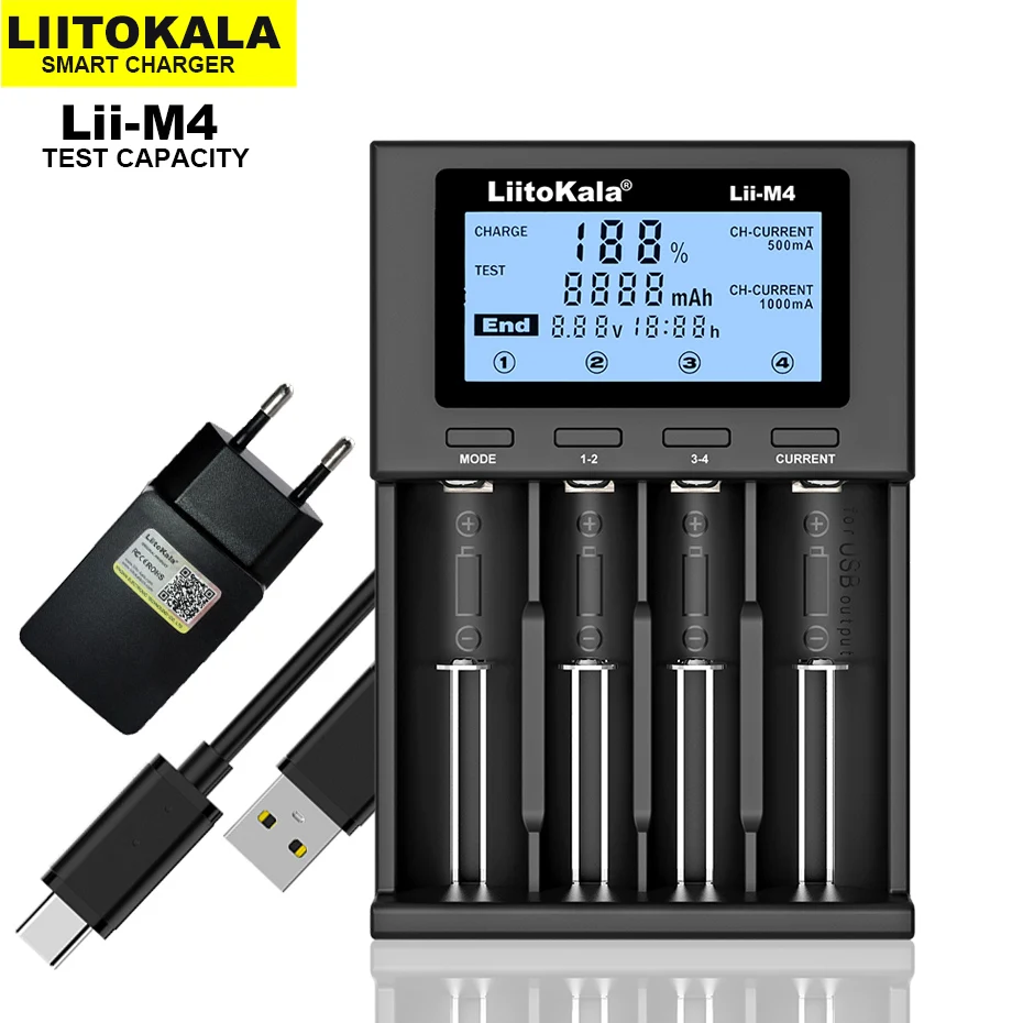 

Зарядное устройство LiitoKala, 18650, USB, ЖК-дисплей, 4 слота