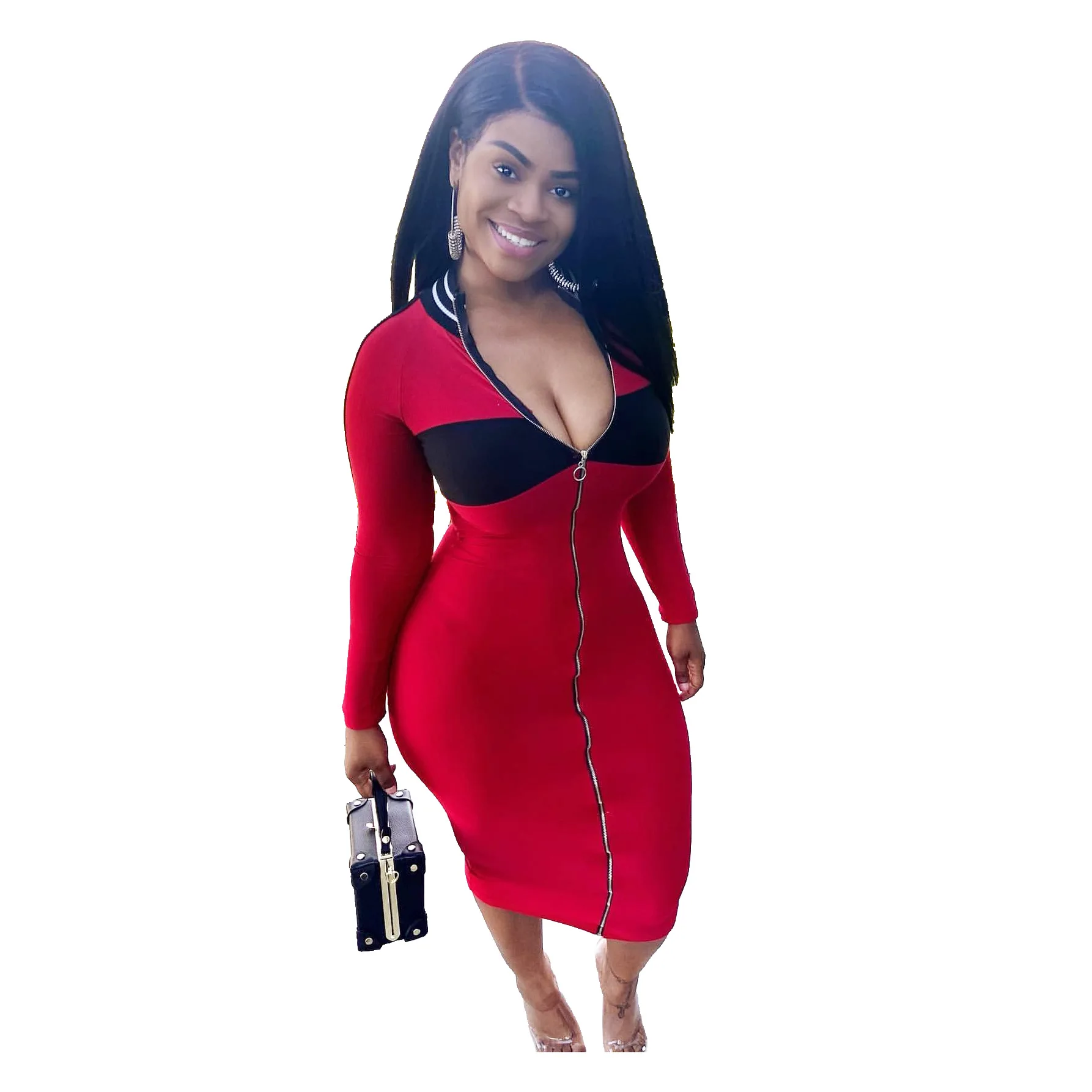 

Office Woman Dress Long Sleeve Elegant Bodycon Zipper Dress Sexy Zip Up Turtleneck Patchwork Dresses Wholesale Dropshipping