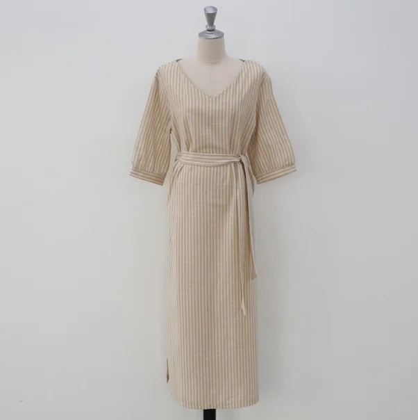 

2021 Summer Korean Vintage Loose Women's Dress Stripe V-neck Plus Size Dresses Female Ankle Length Clothes Ladies