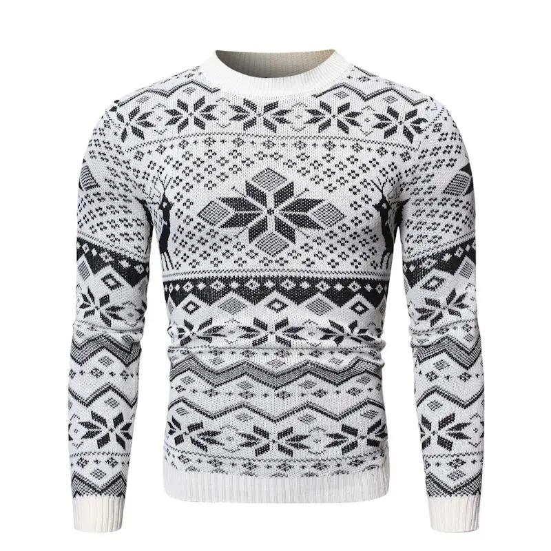 

Deer print Pullover Sweater Male Round neck Mens Striped Jumper Snowflake Christmas Sweater for Men