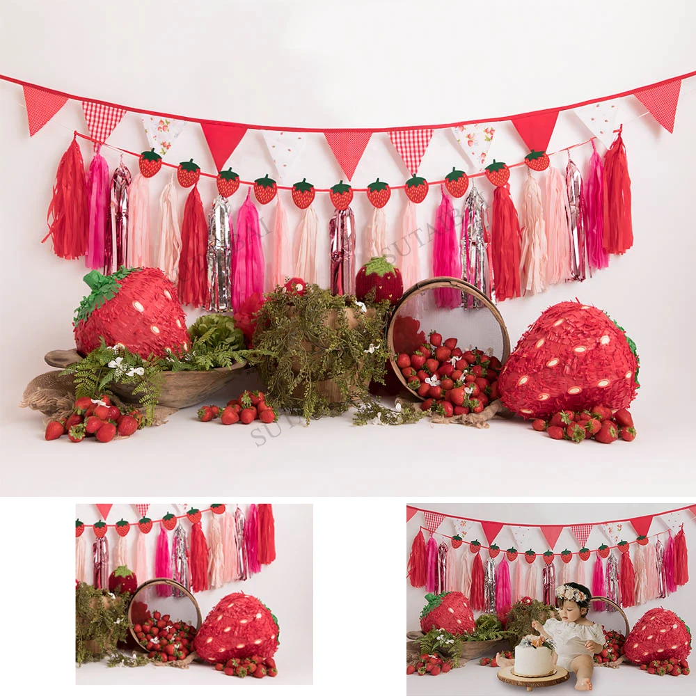 

Sweet Strawberry Cake Smash Backdrop Girl Baby Birthday Children Portrait Photocall Professional Photography Photo Studio Props