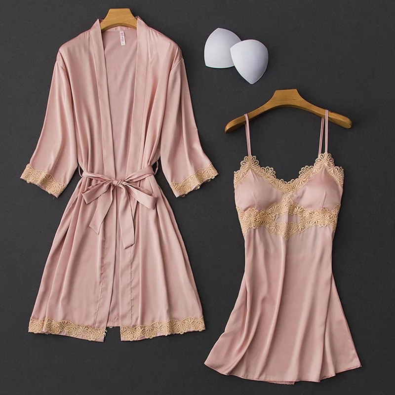 

Casual Lace Sleepwear Nightgown Nightwear Women Lace Sleep Set Satin Sexy Kimono Gown Home Clothing Summer New Homewear