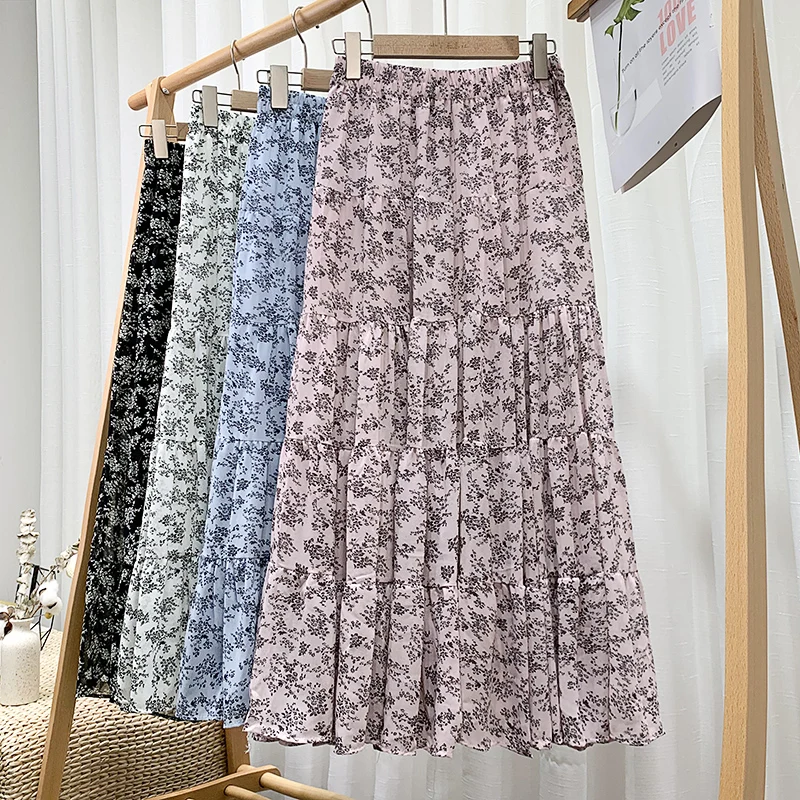 

Long Skirt Women For 2021 Spring Summer Lady Korean Style White Black Chiffon Sun School High Waist Midi Skirt Female