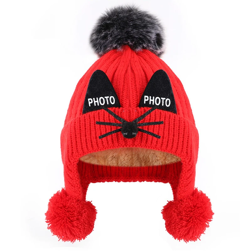 red hat Зимние детские бархатные вязаные шляпы для мальчиков и девочек, хлопковые шапки, меховые шарики, шапочка с помпоном, Детские теплые уличные шапки с кошачьими ушками - Цвет: red hat