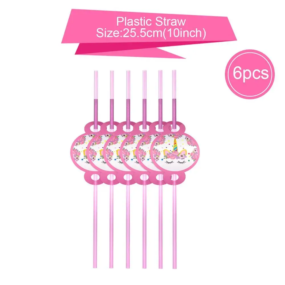 Plastic Straw 6pcs Huiran Единорог одноразовая посуда баннер скатерть Единорог День Рождения украшения детские одноразовые тарелки чашки для вечерние - Цвет: Plastic Straw 6pcs