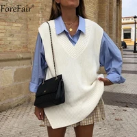 forefair v neck sleeve white knitted autumn winter women sweater vests casual loose outwear solid sweater preppy style vests