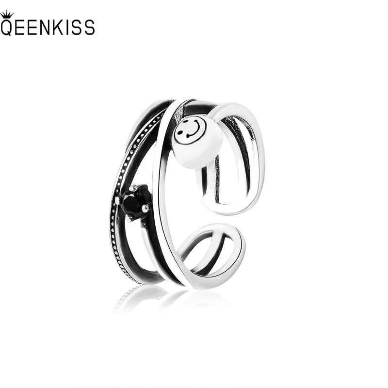 

QEENKISS RG6501 2022 Fine Jewelry Wholesale Fashion Woman Girl Birthday Wedding Gift Round Smiley 925 Sterling Silver Open Ring