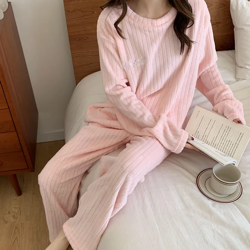 

2021 Women Pajamas Winter Coral Velvet Pyjamas Set Solid Color Warm Sleepwear Ladies Casual Striped Nightgown Suit Female