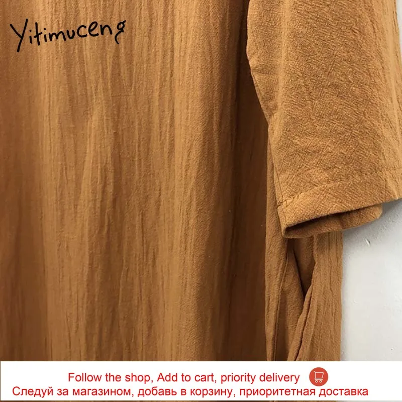 

Yitimuceng Midi Dresses Women Summer Oversize Sundress Unicolor Gray Blue Yellow 2021 Korean Fashion Loose Waist O-Neck Dress
