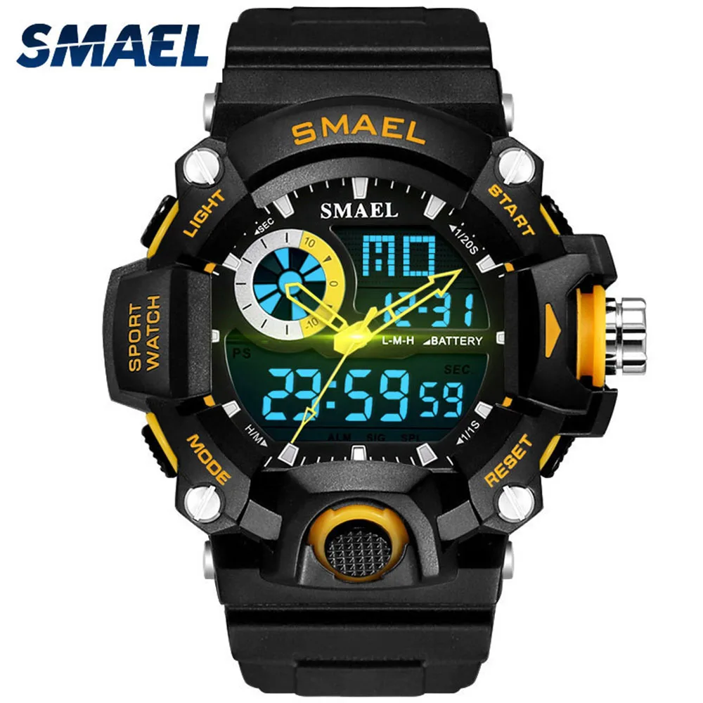 

SMAEL Men Sport Watches Digital Double Time Chronograph Watch Mens LED Chronometre Week Display Wristwatches montre homme Hour