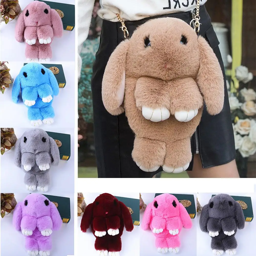 Cute Fluffy Rabbit Fur Pompoms Chain Bag Women Cartoon Rabbit Sling Bag Fluffy Bunny Shoulder Plush Backpack Girl Birthday Gifts