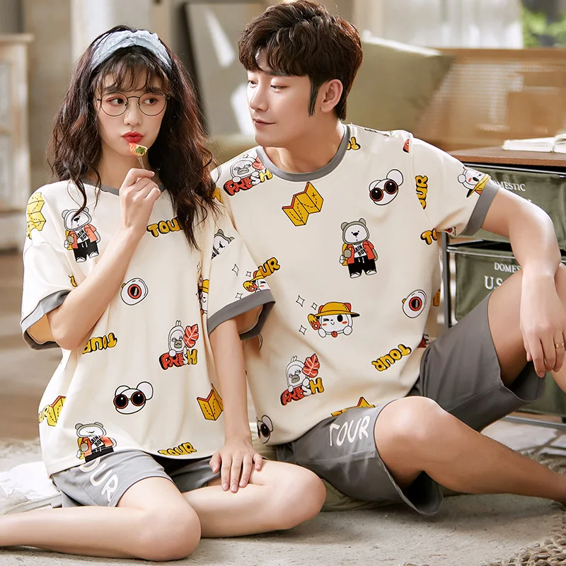 

Летняя крутая серая Пижама с круглым вырезом для мужчин и женщин, мягкая хлопковая домашняя одежда для пар с коротким рукавом, Мультяшные ме...