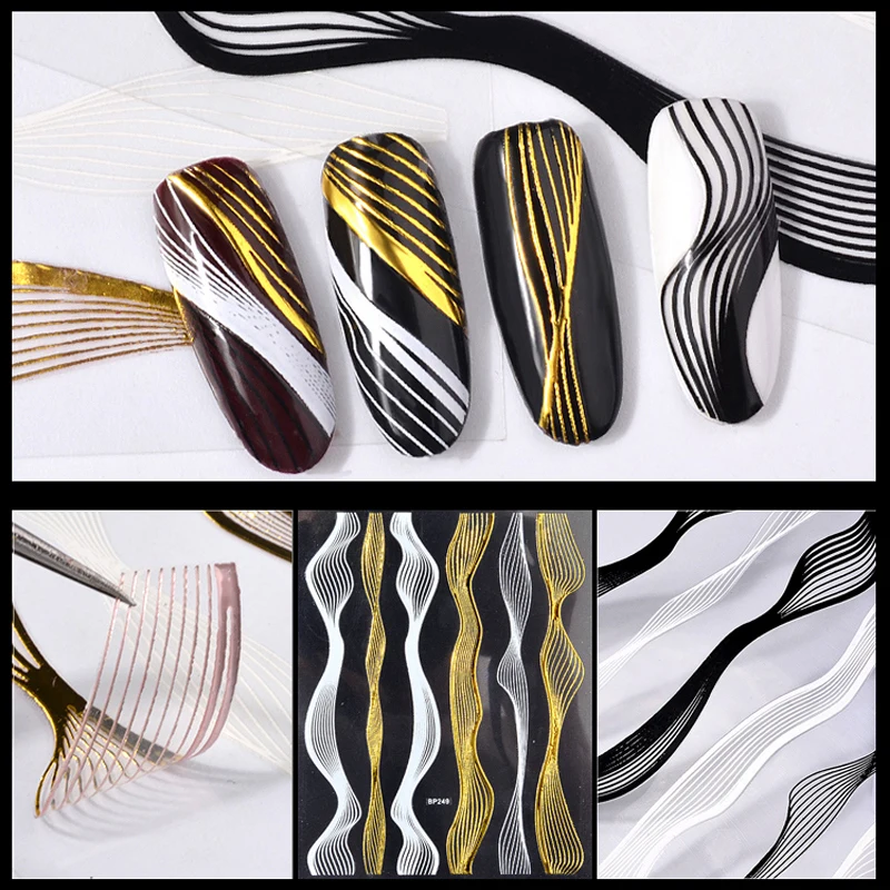 1 шт. волнистые золотистые черные 3d клейкие металлические наклейки для ногтей DIY