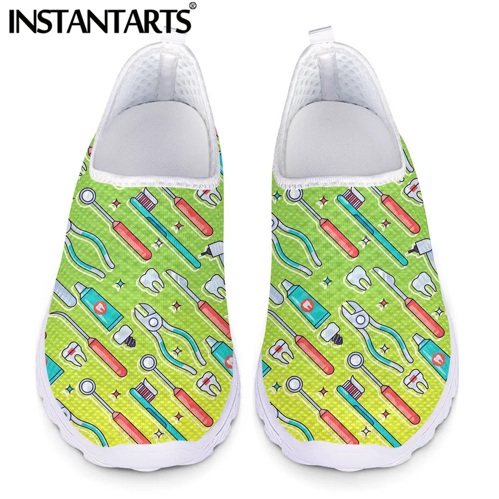 

INSTANTARTS Gradient Color Dentist Tool Cartoon Pattern Mesh Sneakers for Women Casual Slip-on Flat Shoes Breathable Loafers Hot