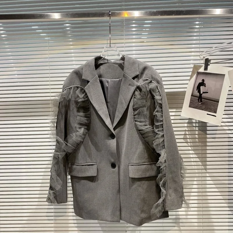 

Женский плиссированный кружевной Блейзер, Серый свободный пиджак в сетку, осень 2021