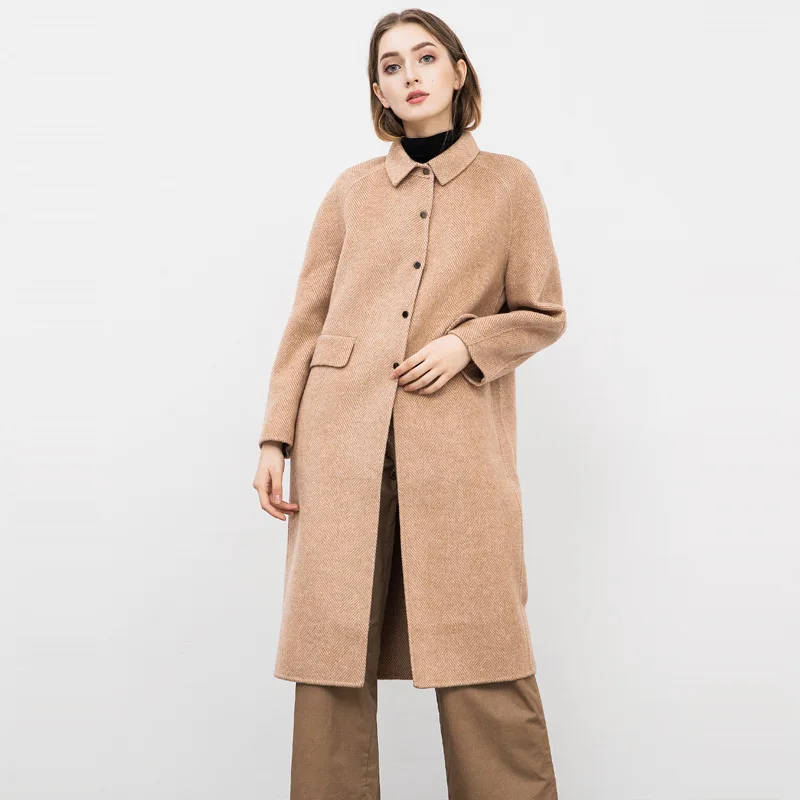 Женское зимнее пальто кофейная двухсторонняя шерстяная кашемировая верхняя