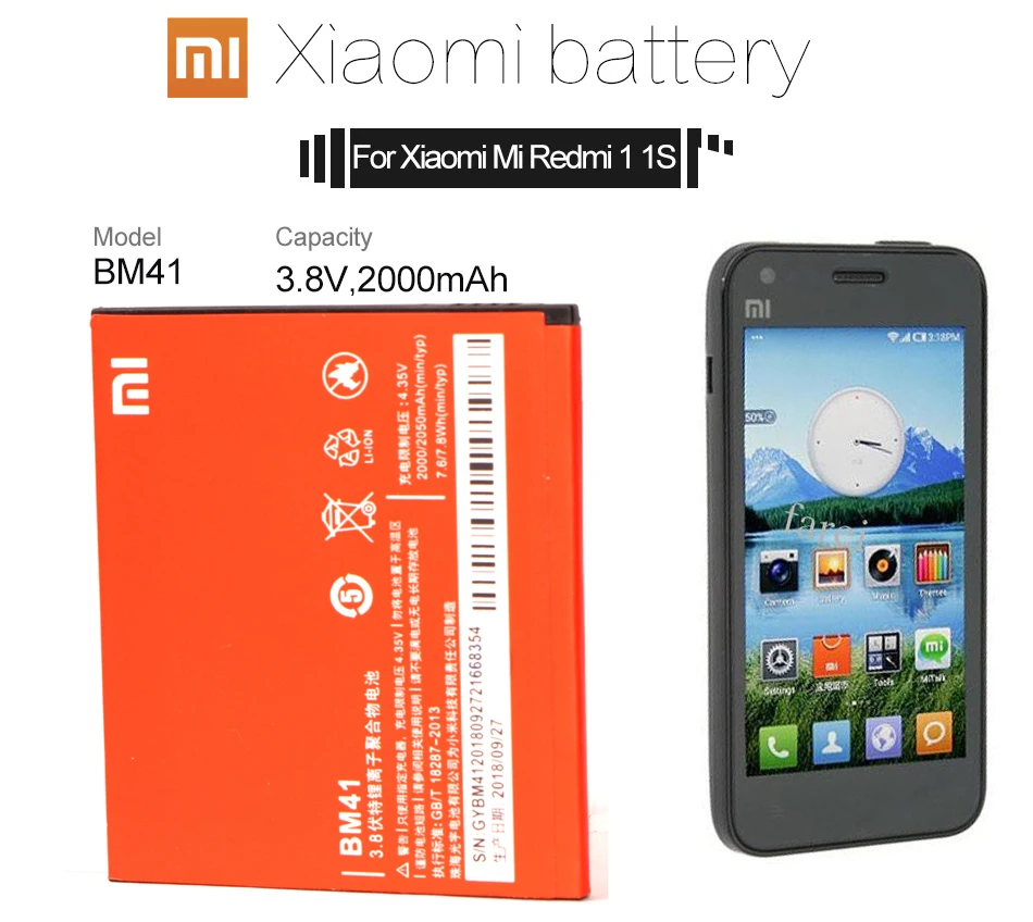 Оригинальный аккумулятор для телефона Redmi 1 1S 2 батарея Xiaomi hongmi BM41 батареи bateria Xiomi |