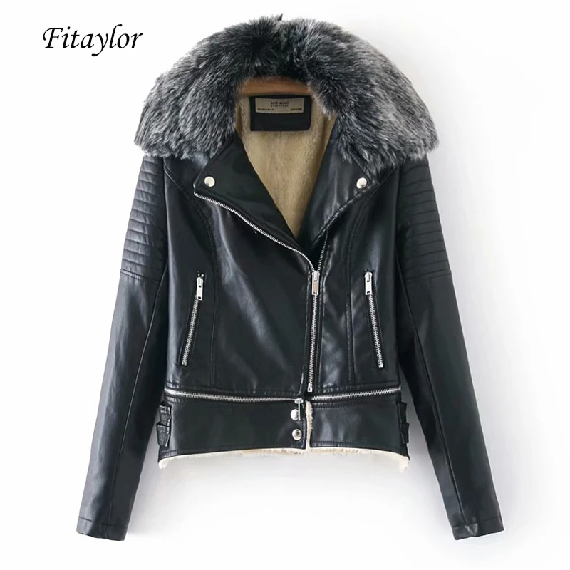 Куртка женская зимняя из искусственной кожи со съемным меховым