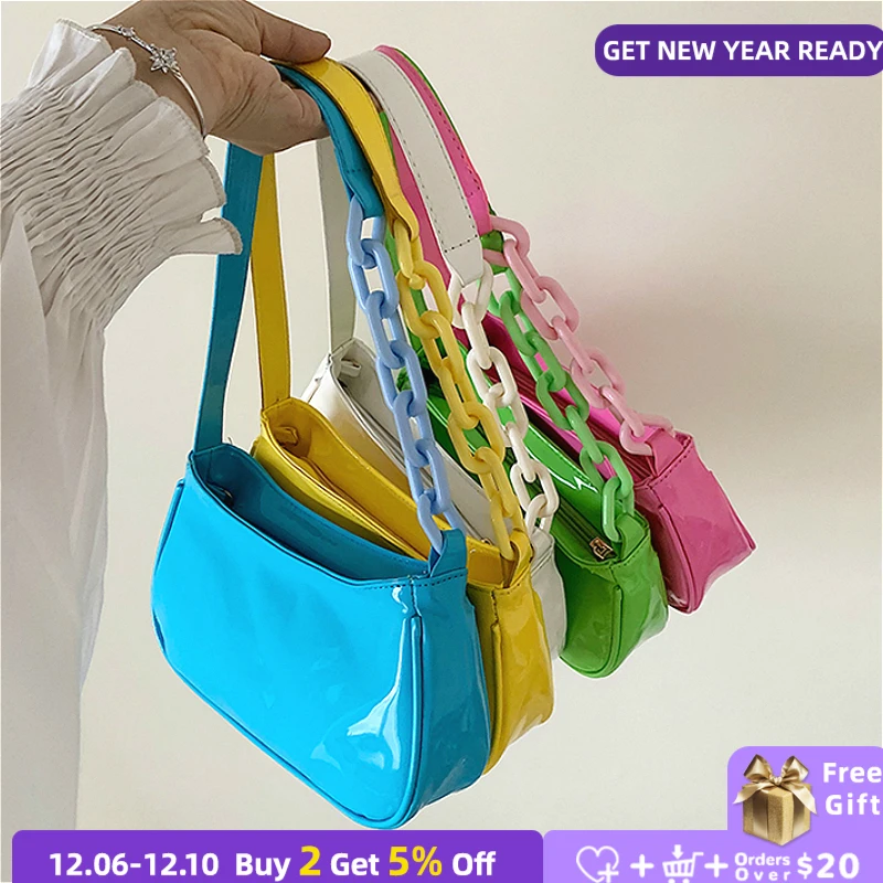 

Patent Leather Women Chain Shoulder Bag Fashion Design Ladies Small Messenger Bags Girls Baguette Underarm Handbags Clutch Purse