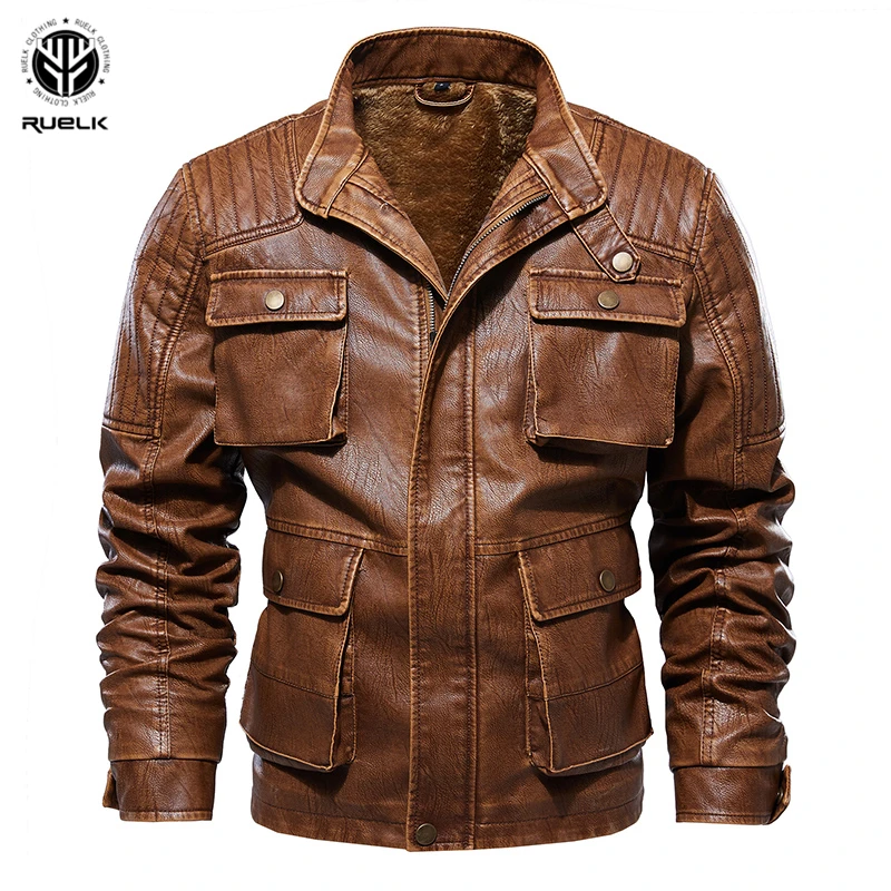 

Новинка 2020, Классическая однотонная мужская кожаная куртка RUELK из искусственной кожи на осень и зиму, Мужская потертая кожаная куртка в стил...