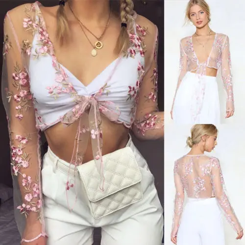 

Summer Fashion Women Fairy Mesh Sheer Floral Tank Top Retro Embroidered See Through Crop Tops Lace Up Elegant Sexy